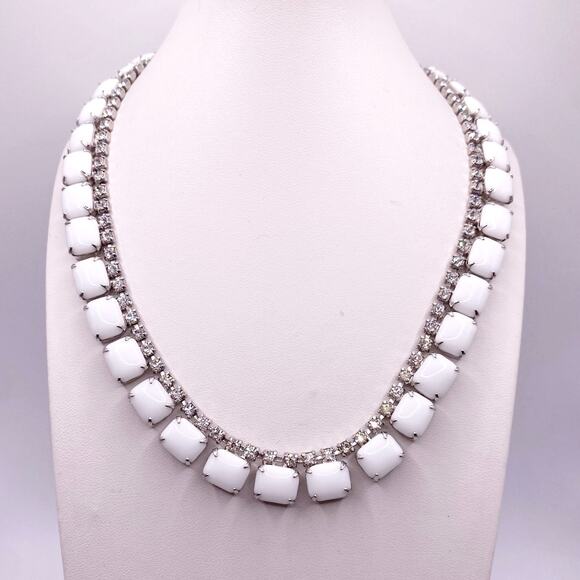 Delicate Vintage Milk Glass and Rhinestones Necklace 16” - Picture 1 of 5